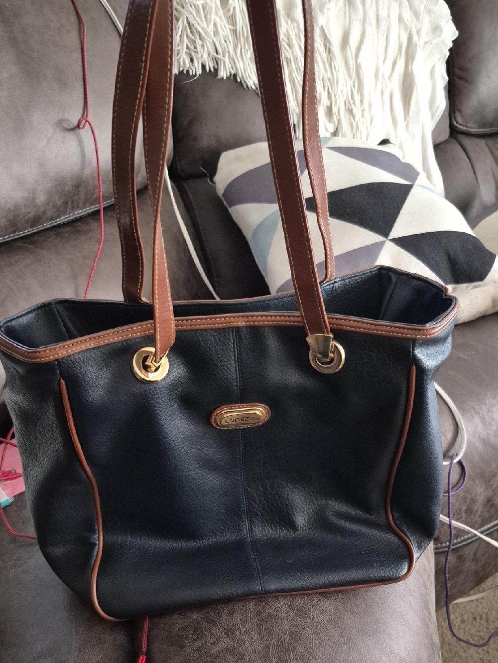 Capezio Black Leather Tote with Brown Trim and Gold Hardware